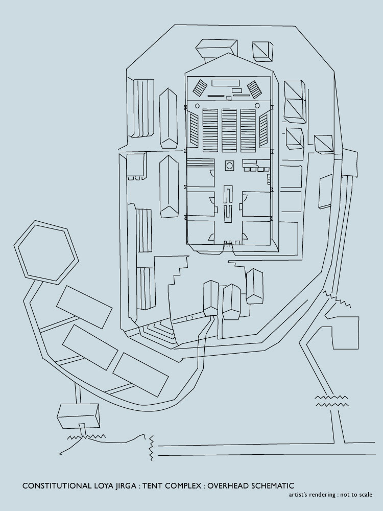 architectural schematic of the Jirga’s tent complex (including plenary tent, auxiliary tents, security structures, and repurposed campus buildings)